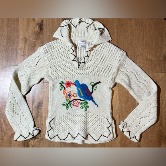 Collage Tops - Vintage‎ Collage Knit Sweater Embroidered Bird Flowers Collared Women’s Large